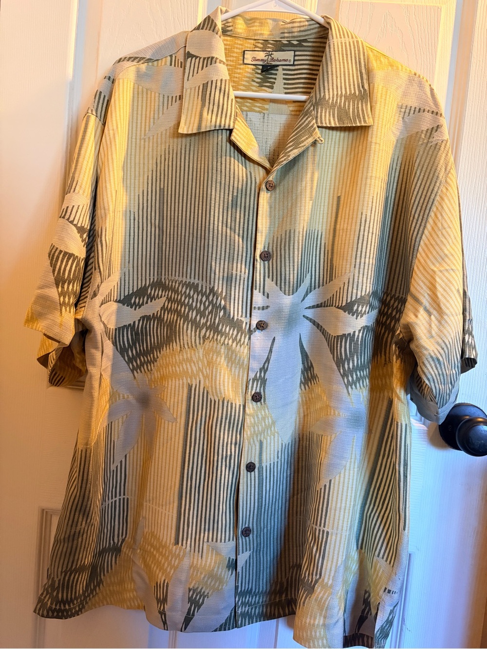 Tommy Bahama Men's Short Sleeve Camp Shirt in Sage and Cream Tropical Stripe